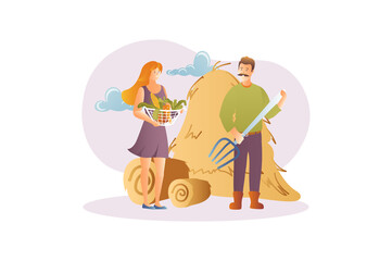 Organic production concept with people scene in the flat cartoon design. Family has its own farm and produces an organic projection.