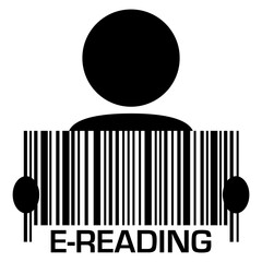 Compra online. Silueta aislada de hombre con código de barras con líneas con texto e-reader con forma de libro © teracreonte