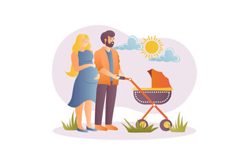 Pregnancy concept with people scene in the flat cartoon design. Young family is preparing for the appearance of a second child.