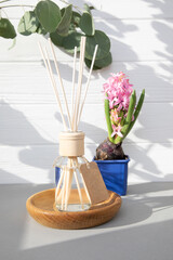 Aroma diffuser in a clear glass bottle with a wooden cap on a light wooden-concrete background with green eucalyptus leaves and pink hyacinth. Front view