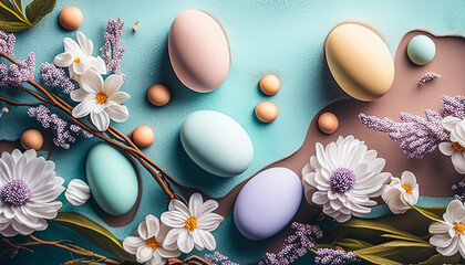 Obraz na płótnie Canvas Pastel Colour Easter Eggs Background. Flowers and eggs on blue background.