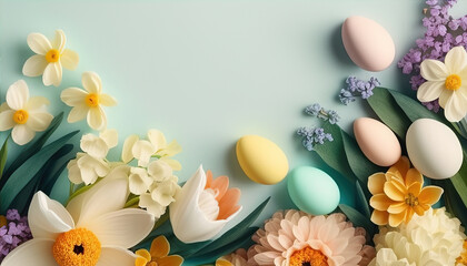 Pastel Colour Easter Eggs Background. Flowers and eggs on blue background.