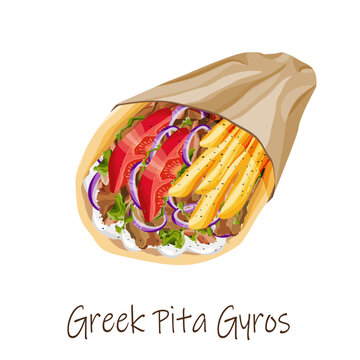 Traditional Greek souvlaki Pita Gyros with pork, fried potatoes, tomato, onion, lettuce and tzatziki sauce wrapped in a fluffy pita on a white background. Famous Greek fast food. Vector illustration.