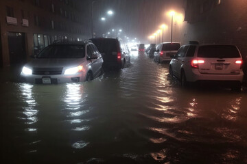 Fototapeta na wymiar The Chaos of Urban Flooding: A Line of Cars Partially Submerged in Water, The Devastating Consequences of Heavy Rains AI Generative