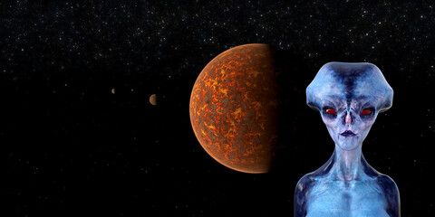 Illustration of a large headed blue skin alien with red eyes looking forward with a planet and moons in space in the background.