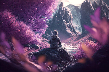 Meditation: Meditating girl in a calm atmosphere with a beautiful landscape | Generative AI Production