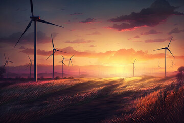 Obraz premium Wind Turbines on a field at sunset. Renewable Energy production using wind turbines. Ai generated