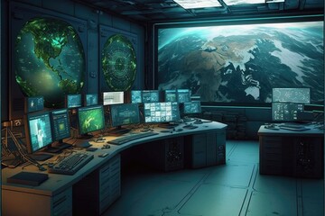 Entrovinment of a huge futuristic empty control room with monitors, sensors, maps, and remote control. Generative AI illustration.