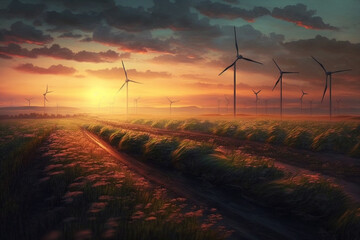Wind Turbines on a field at sunset. Renewable Energy production using wind turbines. Ai generated