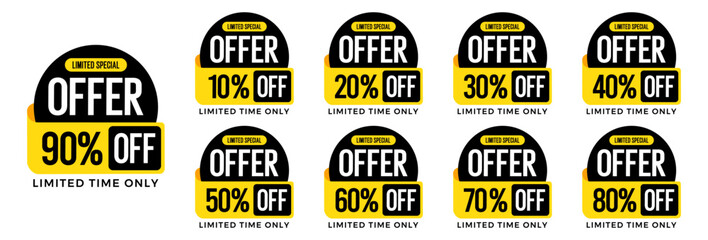 10%, 20%, 30%, 40%, 50%, 60%, 70%, 80%, 90%, Discount. Sale tags set vector badges template. Sale offer price sign. Special offer symbol. Discount promotion. Discount badge shape.