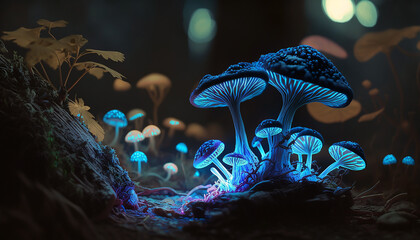 Luminescent mushrooms in a fantasy forest at night. Perfect wallpaper and coverdesign created with Generative AI