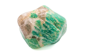 A tumbled chunk of light green and blue amazonite crystal with a clear quartz matrix focused and isolated on a white surface background