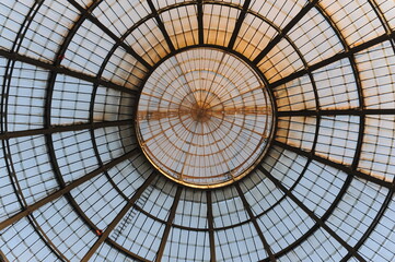 The roof of the glass dome of the pavilion with metal frames in the gallery in Milan, Italy, Europe