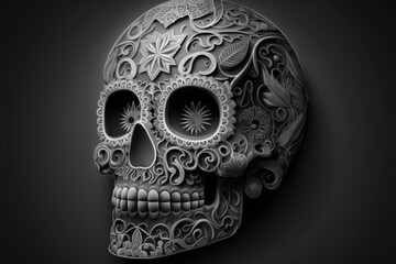 Image of a sugar skull used in the dia de los muertos or day of the dead celebration, set on a dark grey background. Generative AI