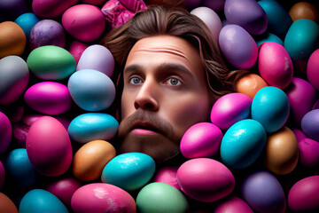 Fototapeta na wymiar Jesus surrounded by Easter eggs, Generative AI