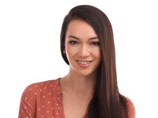 A beautiful young woman or an attractive female model in casual smiling in confidence with long hair for her business profile on a social media or matrimony site isolated on a png background.