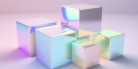 pastel holographic iridescent neon Random shifted white cube boxes block background wallpaper banner with copy space