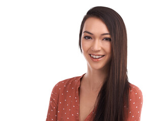 A headshot of a happy Asian female model face or a woman with natural makeup, glowing facial skincare, cosmetics with copy space isolated on a png background.