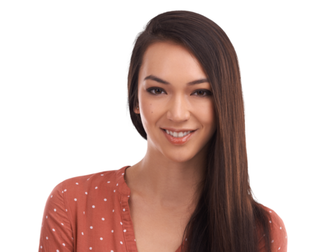 A beautiful young woman or an attractive female model in casual smiling in confidence with long hair for her business profile on a social media or matrimony site isolated on a png background. - Powered by Adobe