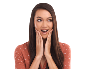A young Asian model with a surprised face excited for gossiping and crazy announcements with Wow expressions and shocked expressions isolated on a png background.