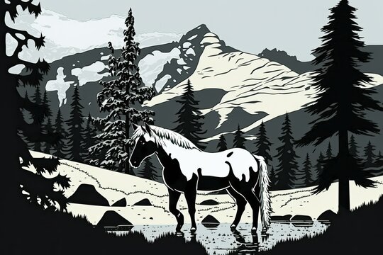 French alpine scene with a free ranging horse. Generative AI