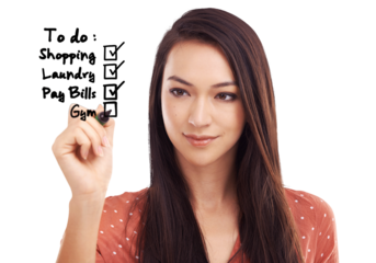 A modern with an agenda checklist, checkbox virtual to-do list, writing and planning daily chores, tick box, and working on time management with a check mark pen isolated on a PNG background.