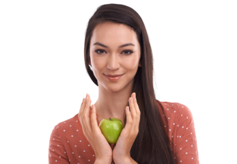 A happy female nutritionist with an apple or a healthy vegan girl with fruit products for a weight loss diet, body detox, or wellness lifestyle, health-conscious isolated on a PNG background.