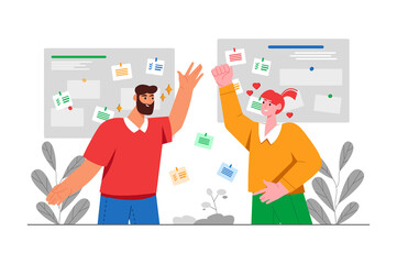 Gray concept Happy people with people scene in the flat cartoon style. Boy and girl rejoice together for each other's success.