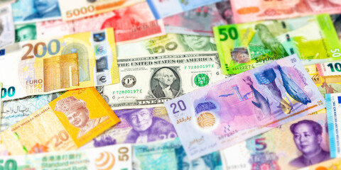 Money banknotes bill Euro Dollar currency background for travel banner pay paying finances