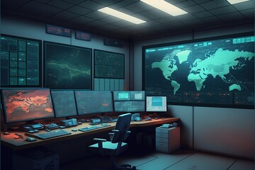 Empty command center interior. Generative AI illustration.