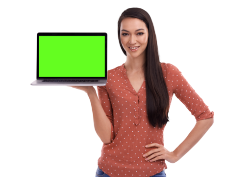 A young Asian sales girl with a personal green screen computer or laptop mockup for online data, Marketing, advertising, website, digital logo, and information isolated on a png background.