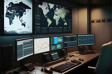 Naklejka premium Empty command center interior. Generative AI illustration.