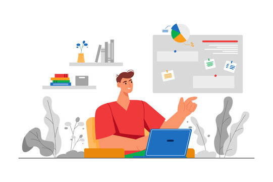 Freelance gray concept with people scene in the flat cartoon design. Guy performs various tasks on a laptop and earns money sitting at home.