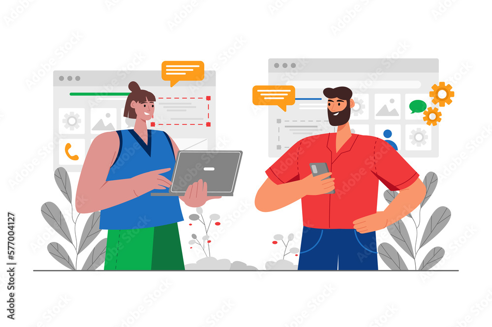 Poster app development gray concept with people scene in the flat cartoon style. two developers are working