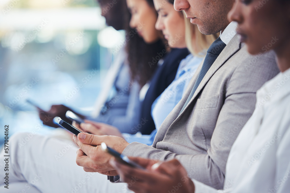 Aufkleber hands, phone and hr with a group of people waiting in line for an interview or meeting. mobile, hiri