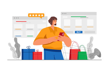 Gray concept Online shopping with people scene in the flat cartoon style. Girl is satisfied with the new things she ordered in the online store.