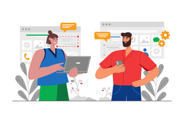 App development gray concept with people scene in the flat cartoon style. two developers are working on creating new mobile applications.