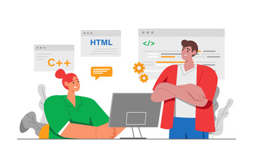 Coding gray concept with people scene in the flat cartoon design. Programmer asks a colleague for advice on the code he has written.