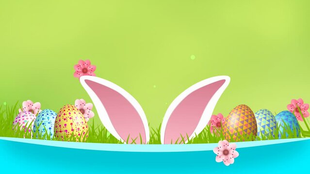rabbit ears, flowers and grass used for Easter holiday on beautiful blur background