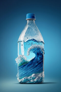 Plastic waste pollution in the ocean. A plastic bottle with sea waves. Generative ai