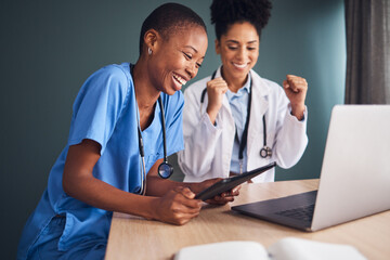 Laptop, black women or doctors in celebration of success for healthcare goals, achievement or...