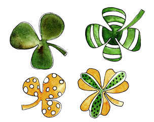 A set of clover leaves for St. Patrick's Day. Green with white stripes, orange with white polka dots. Watercolor hand draw illustration isolated on white background