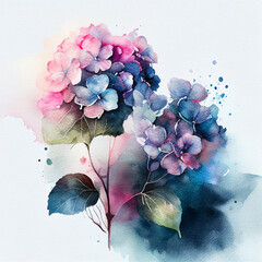 Blue hydrangea flowers, branches and leaves, watercolor painting on white paper
