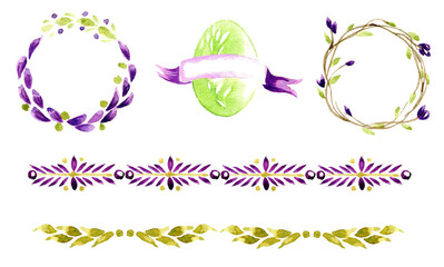 Easter set in purple and green colors. An egg with a ribbon, wreaths of young branches with leaves, borders of branches with leaves. watercolor hand draw illustration