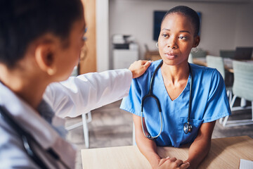 Doctor with nurse or healthcare team stress, anxiety or depression support, help and manager...