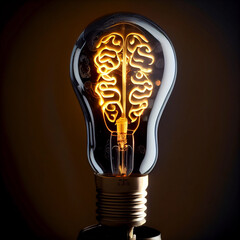 Brainstorm concept with futuristic glowinglight bulb and human brain on dark background.