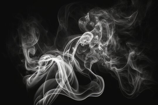 Overlay of white natural steam smoke with abstract blur motion wave swirl on a black background, for use in pollution, vapor cigarette, gas, dry ice, hot food, and boil water smoke concepts