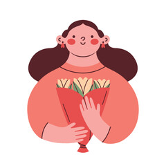 Modern creative clip art with cute woman. Flat design of illustration with person, who holding bouquet of yellow tulips. For modern sticker, card on Mother's Day.