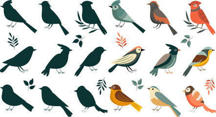 Fototapeta na wymiar birds collection, flat style on white background isolated vector