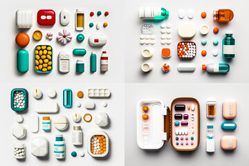 Assortiments de médicaments, gélules et produits pharmaceutiques - Générative IA - obrazy, fototapety, plakaty